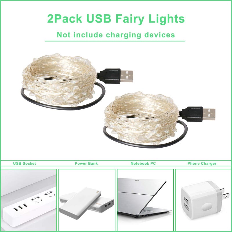 Blingstar أضواء الجنية المدعومة بواسطة USB من بلينغستار، عبوة 2، 33 قدم، 100 LED، سلك فضي مرن، أضواء خيطية صغيرة لشجرة عيد الميلاد/غرفة النوم/التخييم/تزيين العطلات الداخلية، أبيض دافئ - Image 2